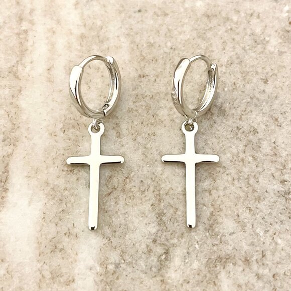 Jewelry - 925 Sterling Silver Cross Earrings Cross Huggie Hoop Earrings Minimalist Hoops